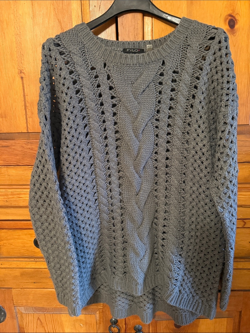 FYLO  Open Weave Cable Crewneck Sweater - Gray
